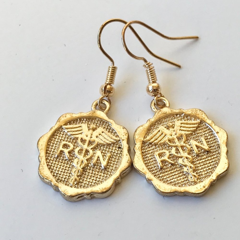 Gold Caduceus RN Nursing Earrings Nurse Graduation Gift Plated Registered Nurse